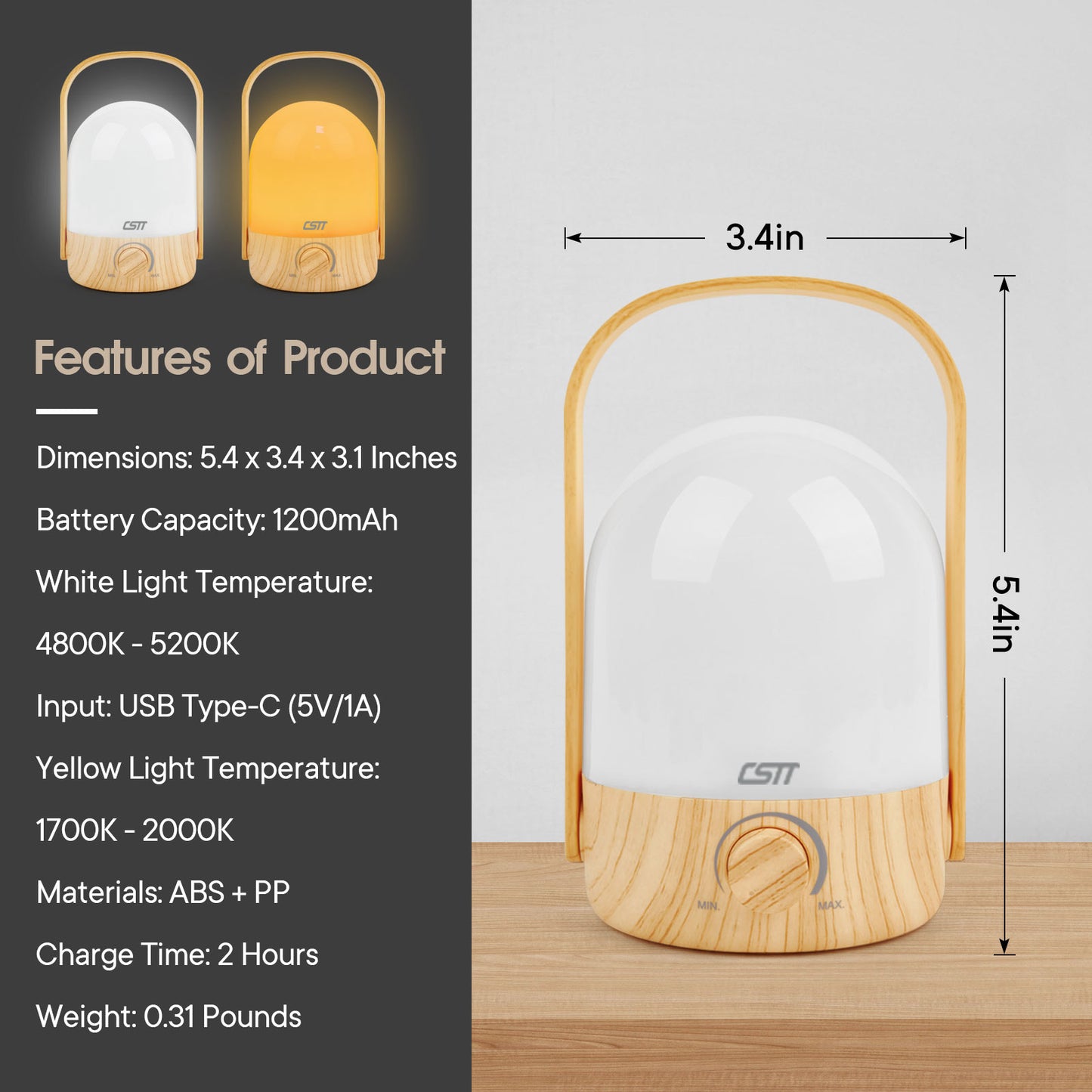 CSTT Portable Camping Lanterns Rechargeable 2 Color Tent Light Stepless Dimmable Small Lamp for Bedroom